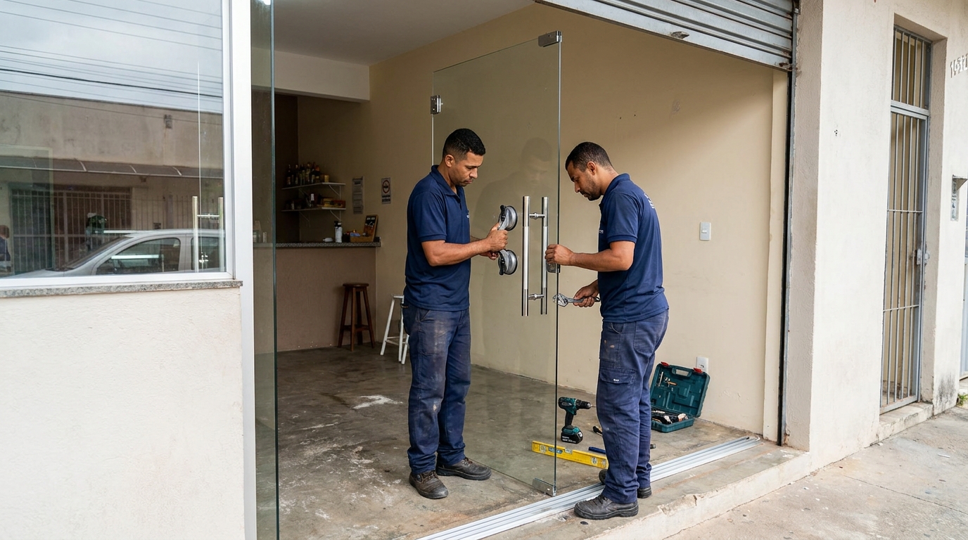 Dupla instalando porta de vidro em loja em Joinville-SC